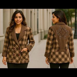 Fu Mei XXL Brown Plaid Embroidered Wool Blend Jacket Oversized Western Heritage